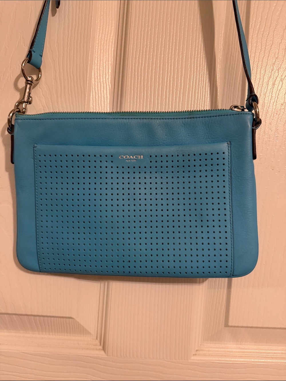 Coach Turquoise Perforated Leather Crossbody Bag
